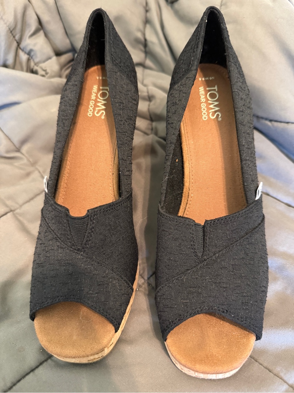 TOMS Black Peep-Toe Wedge Espadrille